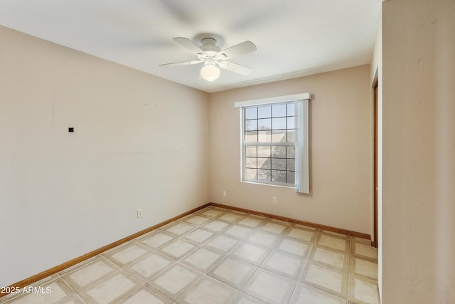 unfurnished room with baseboards, light floors, and a ceiling fan