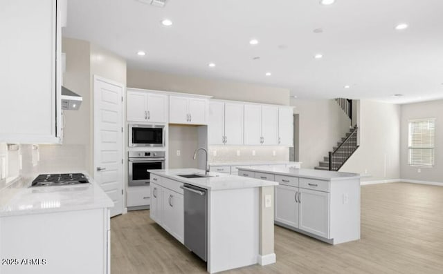 kitchen with sink, stainless steel appliances, an island with sink, and white cabinets