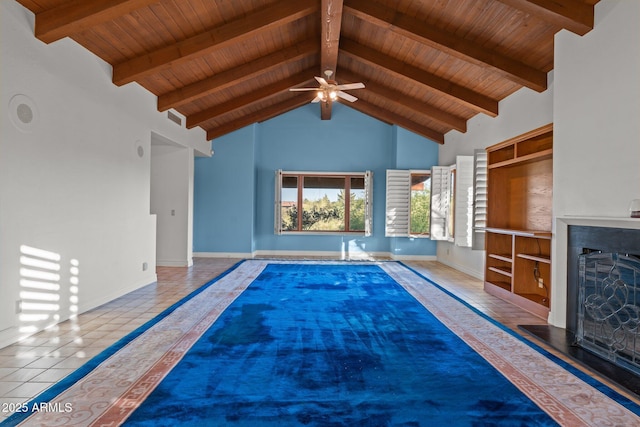 1503 N Thrasher Ln, Wickenburg, AZ 85390 - unfurnished living room with a wooden ceiling with exposed beams, high vaulted ceiling, a fireplace with raised hearth, a ceiling fan, and tile patterned flooring