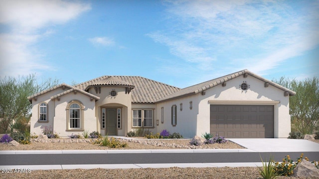 mediterranean / spanish-style home with driveway, an attached garage, a tile roof, and stucco siding