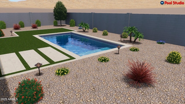 view of swimming pool with a patio, a fenced backyard, and a lawn