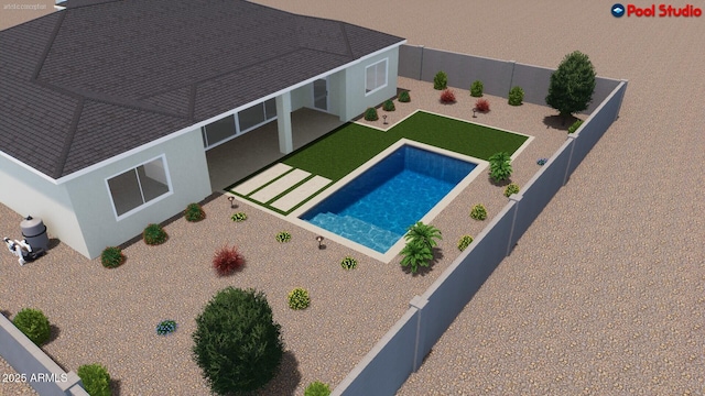 view of pool with a yard, a fenced backyard, a fenced in pool, and a patio area