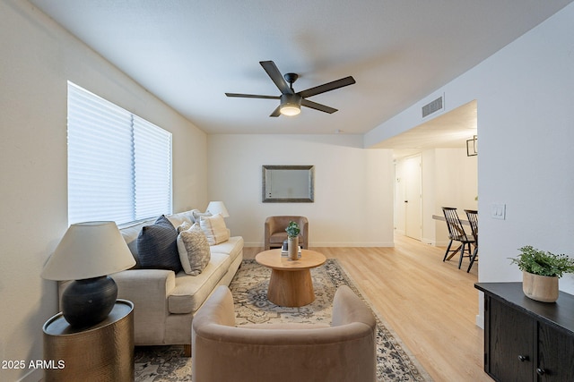 4740 E Portland St, Phoenix, AZ 85008 - living room with ceiling fan, baseboards, visible vents, and light wood-style flooring