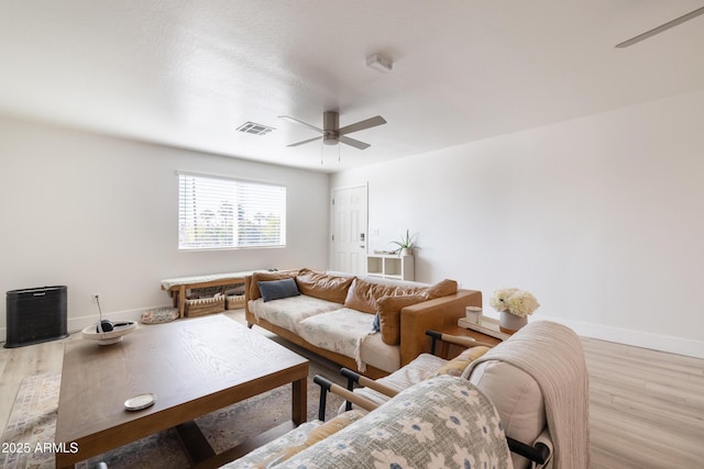 living area featuring visible vents, ceiling fan, light wood-style flooring, and baseboards