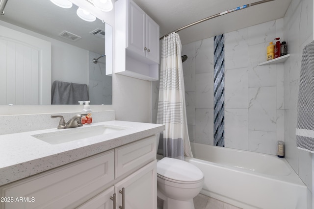 full bath with toilet, visible vents, shower / bath combination with curtain, and vanity