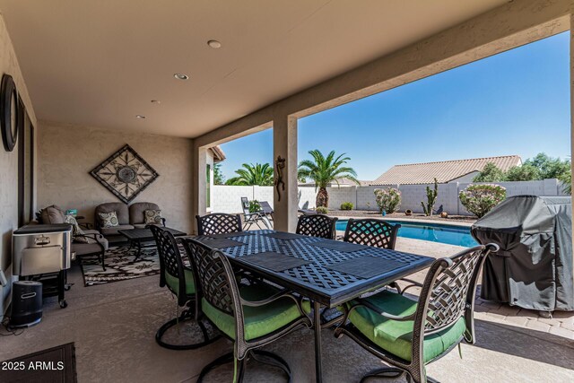 16747 W Berkeley Rd, Goodyear, AZ 85395 - view of patio / terrace featuring a fenced backyard, outdoor lounge area, area for grilling, and outdoor dining space
