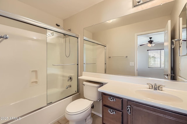 1710 S Parkcrest St, Gilbert, AZ 85295 - bathroom with vanity, toilet, bath / shower combo with glass door, a ceiling fan, and tile patterned floors