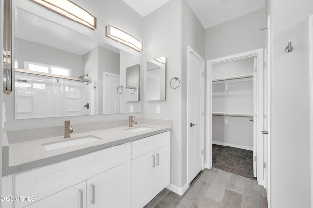 bathroom with a sink, a walk in closet, a stall shower, and double vanity