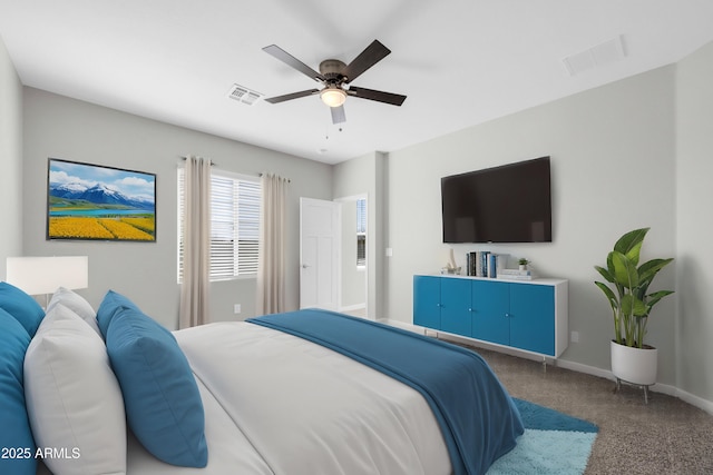 bedroom with a ceiling fan, carpet flooring, baseboards, and visible vents