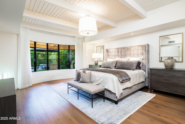 bedroom featuring wood ceiling, dark wood-type flooring, and beamed ceiling