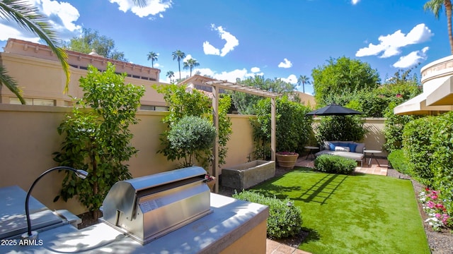 view of yard with an outdoor living space, an outdoor kitchen, and a pergola