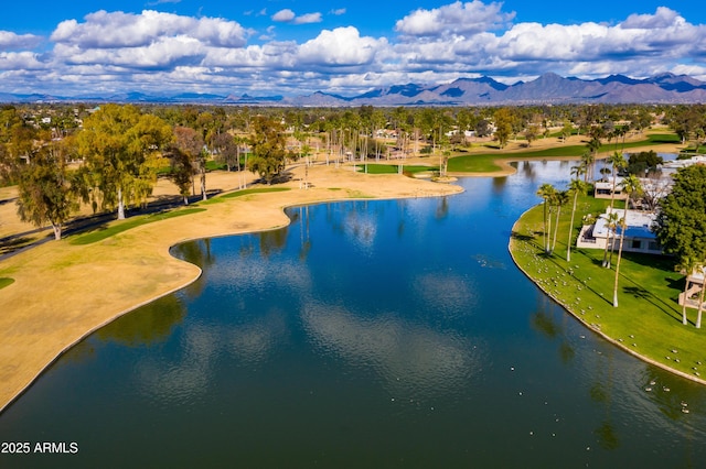 bird's eye view with a water and mountain view