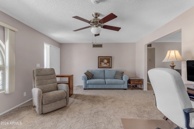 carpeted office space featuring ceiling fan, a textured ceiling, and a wealth of natural light