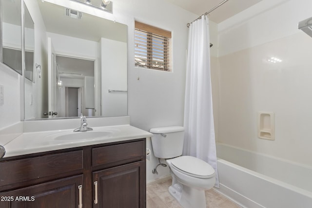 bathroom featuring tile patterned floors, visible vents, toilet, vanity, and shower / tub combo