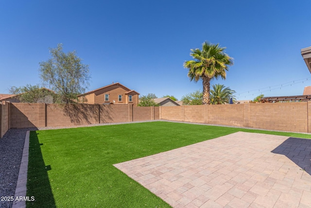 view of yard with a fenced backyard and a patio