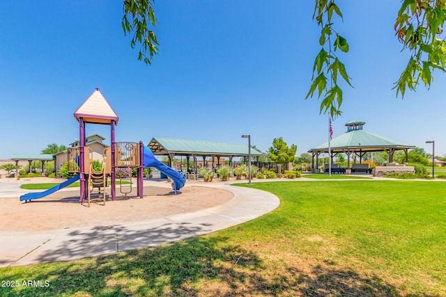 community play area with a gazebo and a yard