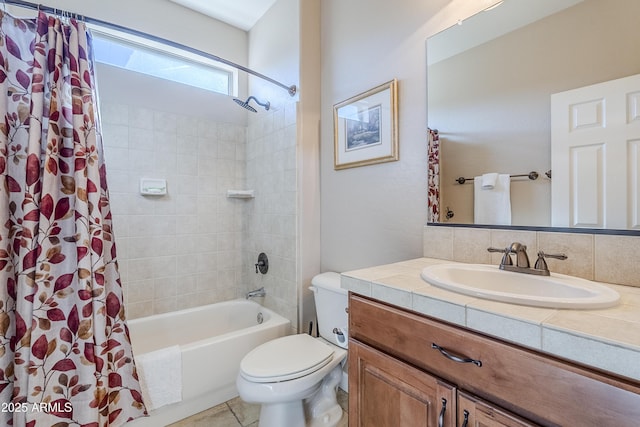 full bathroom featuring toilet, vanity, tile patterned floors, shower / bath combo, and decorative backsplash