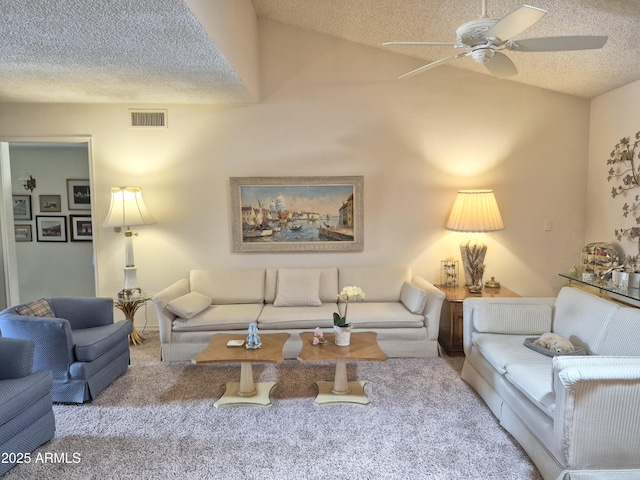 1118 E Orangewood Ave, Phoenix, AZ 85020 - carpeted living area with a textured ceiling, a ceiling fan, and lofted ceiling
