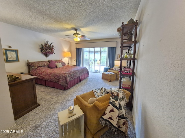 1118 E Orangewood Ave, Phoenix, AZ 85020 - bedroom with carpet flooring, a textured ceiling, access to exterior, and a ceiling fan