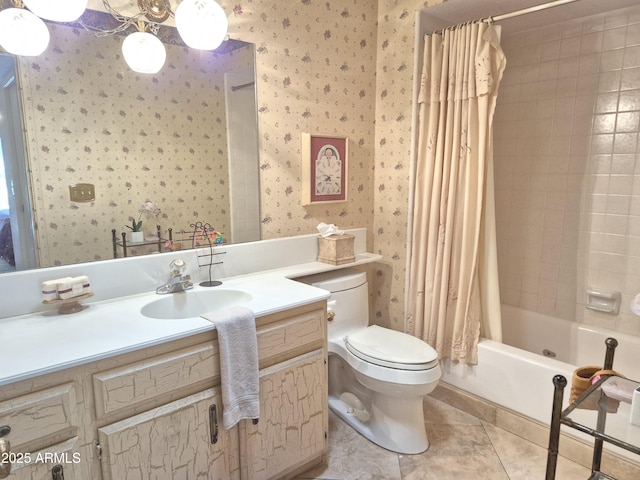 1118 E Orangewood Ave, Phoenix, AZ 85020 - full bathroom with wallpapered walls, toilet, tile patterned floors, vanity, and shower / bath combo with shower curtain