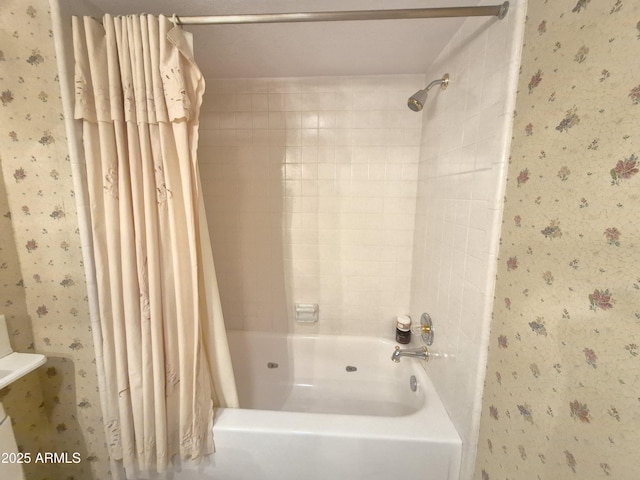 1118 E Orangewood Ave, Phoenix, AZ 85020 - full bathroom with wallpapered walls and shower / bath combination with curtain
