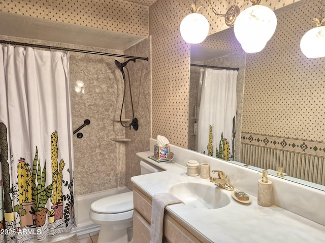 1118 E Orangewood Ave, Phoenix, AZ 85020 - full bath with toilet, vanity, tile patterned flooring, shower / bath combo with shower curtain, and wallpapered walls