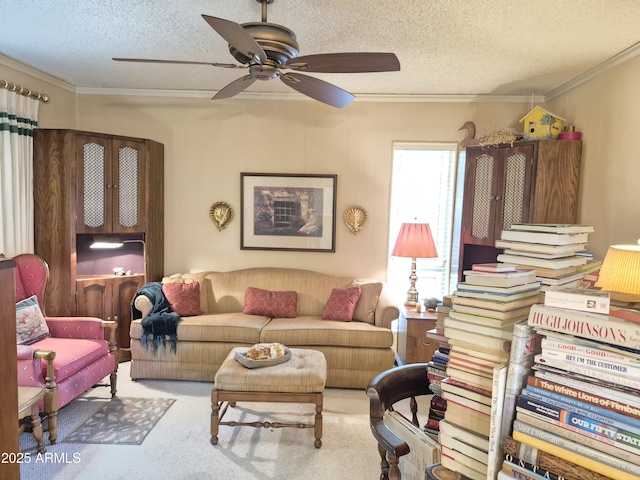 1118 E Orangewood Ave, Phoenix, AZ 85020 - living area featuring crown molding, a textured ceiling, ceiling fan, and carpet floors