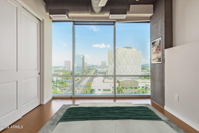 interior space with a wealth of natural light, wood-type flooring, and a wall of windows