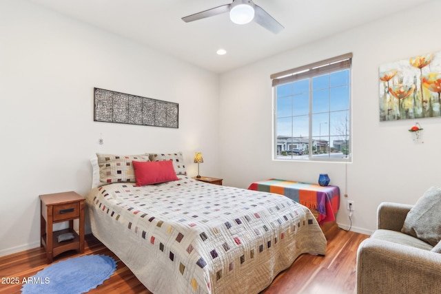 bedroom with ceiling fan, baseboards, wood finished floors, and recessed lighting