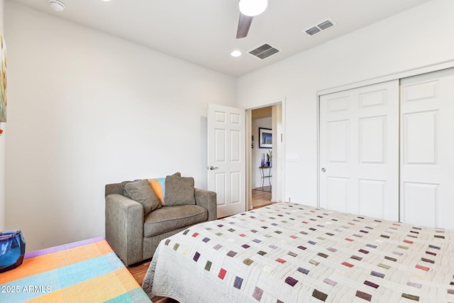 bedroom with recessed lighting, visible vents, a closet, and ceiling fan