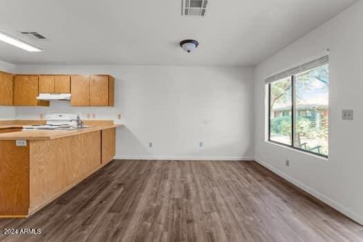 kitchen with dark wood-type flooring, white stove, and kitchen peninsula