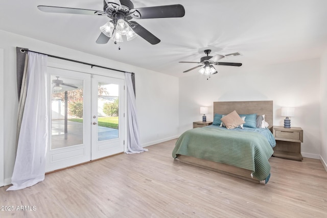 bedroom with access to exterior, ceiling fan, french doors, and light hardwood / wood-style flooring