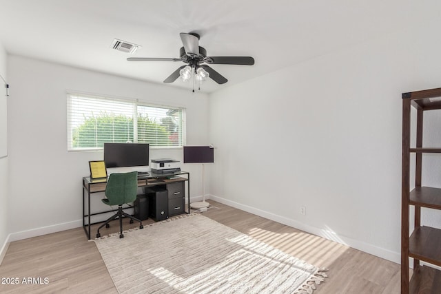 office featuring light wood-type flooring and ceiling fan