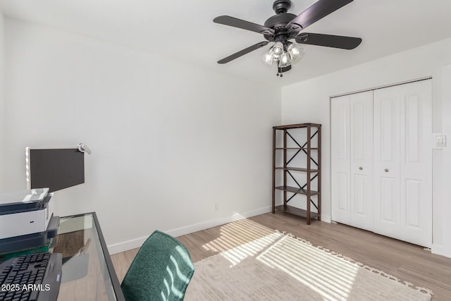 bedroom with ceiling fan, a closet, and light hardwood / wood-style flooring