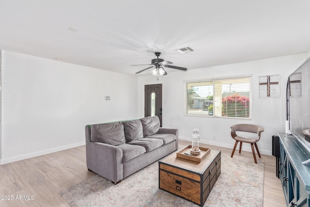 living room featuring ceiling fan and light wood-type flooring