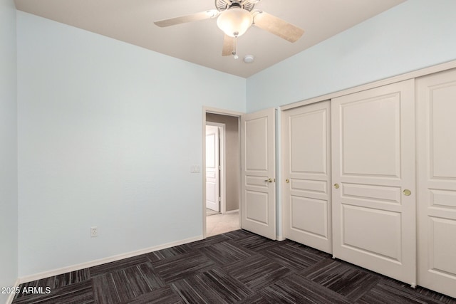 unfurnished bedroom with a closet and ceiling fan