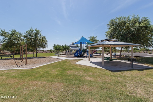 view of community with a gazebo, a lawn, and a playground