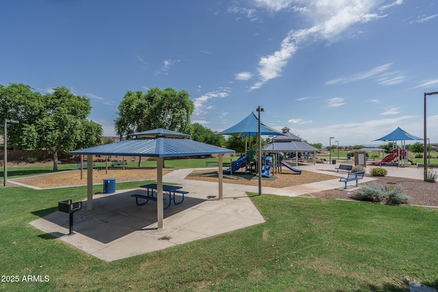 surrounding community with a yard and a playground