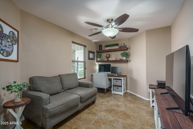 tiled home office with ceiling fan