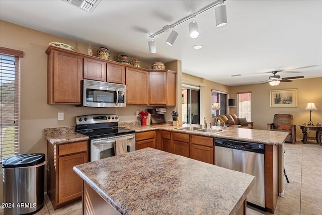 kitchen with kitchen peninsula, a wealth of natural light, sink, and stainless steel appliances