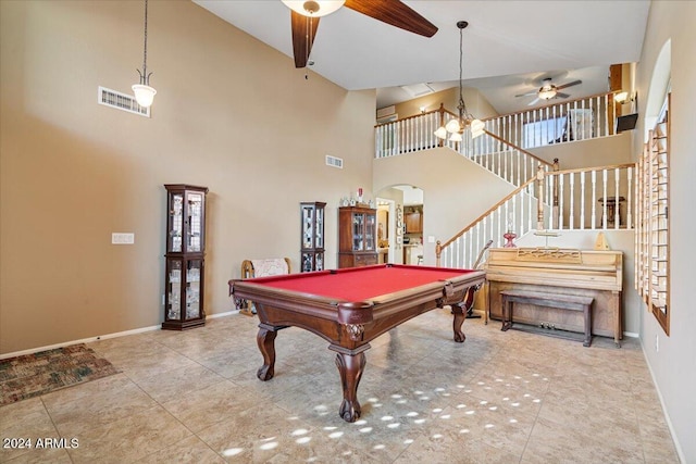 rec room featuring high vaulted ceiling, ceiling fan, and pool table