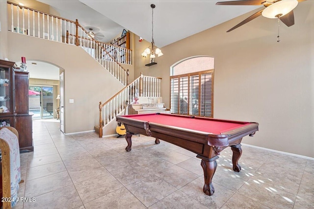 game room featuring high vaulted ceiling, ceiling fan, light tile patterned floors, and pool table