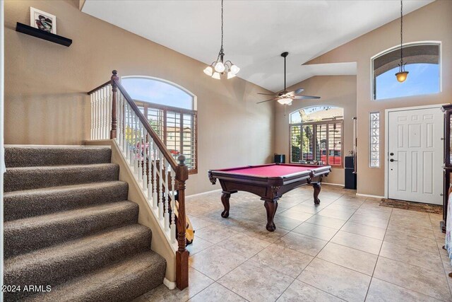 game room featuring ceiling fan, light tile patterned floors, billiards, and vaulted ceiling