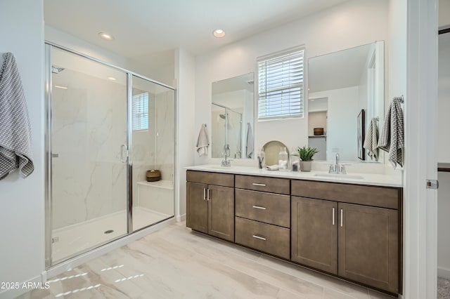 10105 E Ulysses Ave, Mesa, AZ 85212 - full bathroom featuring a marble finish shower, double vanity, and recessed lighting