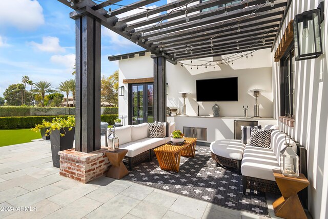 5929 E Indian School Rd, Phoenix, AZ 85018 - view of patio / terrace with an outdoor living space, area for grilling, a pergola, and french doors
