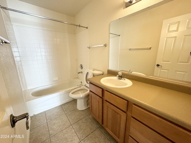 bathroom with toilet, vanity, bathtub / shower combination, and tile patterned floors