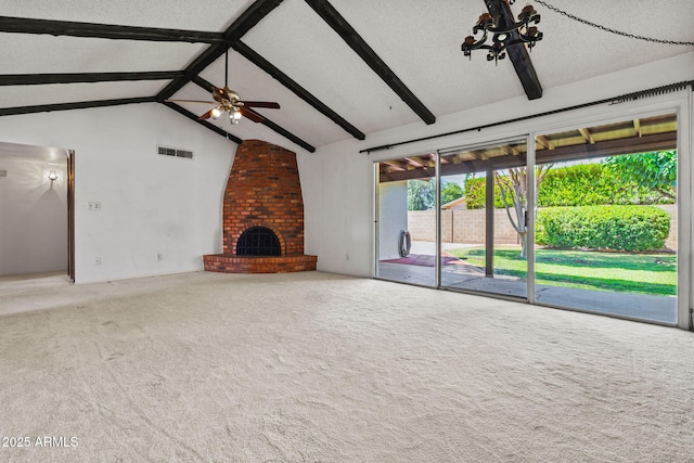 2264 S Don Carlos, Mesa, AZ 85202 - unfurnished living room with carpet floors, a ceiling fan, and a brick fireplace