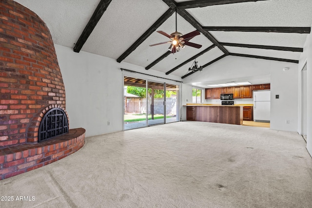 2264 S Don Carlos, Mesa, AZ 85202 - unfurnished living room featuring light colored carpet, a brick fireplace, ceiling fan, and a textured ceiling