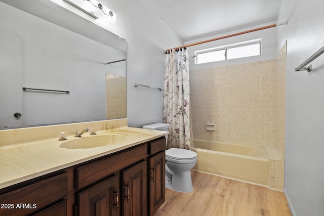 2264 S Don Carlos, Mesa, AZ 85202 - bathroom with wood finished floors, toilet, vanity, and shower / bath combo with shower curtain