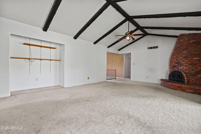 2264 S Don Carlos, Mesa, AZ 85202 - unfurnished living room with high vaulted ceiling, carpet flooring, beamed ceiling, a brick fireplace, and a ceiling fan